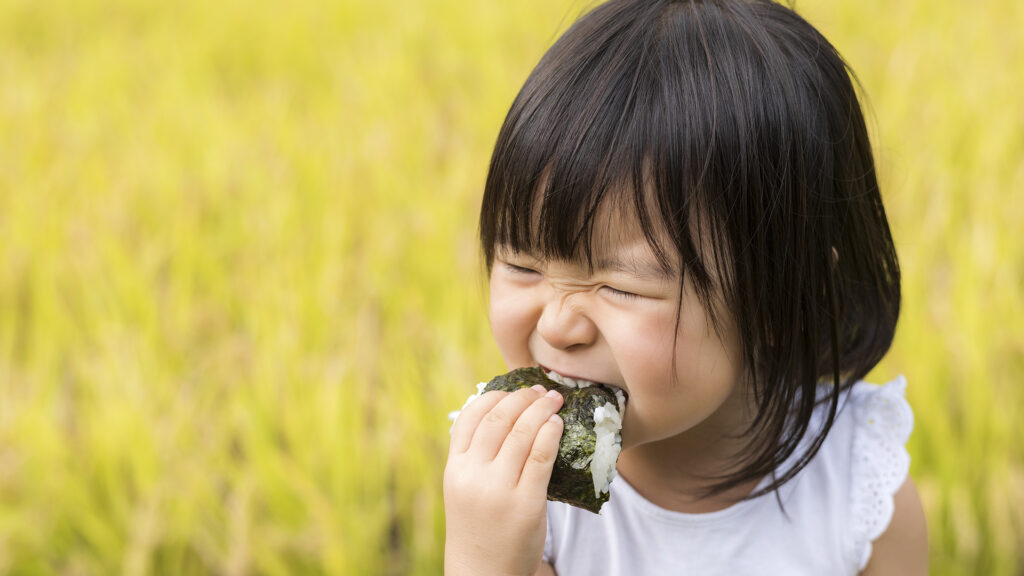 黄金色の田んぼを背景に、おにぎりを大きく頬張る女の子。
